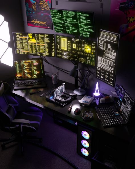 Hacker World, Hacker Room, Cyberpunk Room, Gaming Computer Setup, Tech Room, Geek Diy, Hacker Aesthetic, Computer Desk Setup, Custom Computer