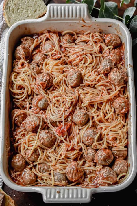 Cheesy Baked Spaghetti, Baked Spaghetti And Meatballs, Sourdough Dinner Rolls, Ground Turkey Meatballs, Meatball Dinner, Meatball Bake, Marinara Sauce Homemade, Filling Dinner, Meatball Ingredients