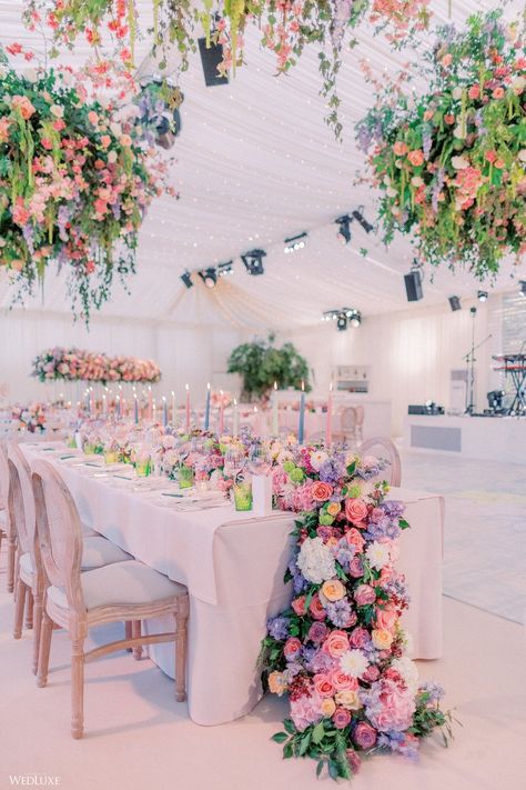 Whimsical Wedding Reception, Wedding Reception Flower Arrangements, Pink And Purple Wedding, Pastel Wedding Decorations, Long Tables, Roses Peonies, Wedding Hall, Pastel Wedding, Wonderland Wedding