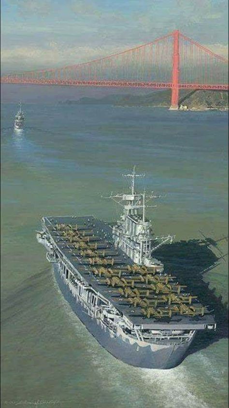 A great photo of USS Hornet leaving San Francisco Bay in 1942, headed for her day of glory when she launched the 16 B-25's of Jimmy Doolittle for the strikes on Japan. Uss Hornet, Go Navy, Navy Aircraft Carrier, Us Navy Ships, Naval History, Navy Aircraft, Harbin, Navy Ships, Military Art