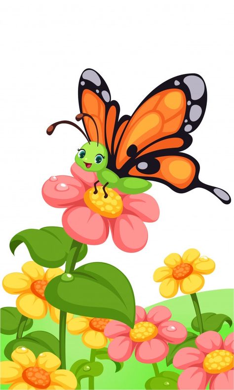 Cute butterfly on colorful flowers | Premium Vector #Freepik #vector #flower #floral #abstract #leaf Butterfly On Flower, About Butterfly, Cartoon Butterfly, Butterfly Illustration, Butterflies And Flowers, Butterfly Clip Art, Cartoon Flowers, Butterfly Pictures, Butterfly Drawing