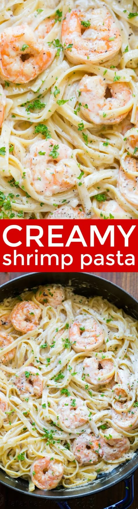 Creamy Shrimp Pasta reminds me of my favorite dish at Olive Garden with plump juicy shrimp and the easiest alfredo sauce. Rave reviews on this shrimp pasta! | natashaskitchen.com #shrimppasta #pastarecipes #creamypasta #shrimprecipes #easypasta #recipes Creamy Prawn Pasta, Olive Pasta, Pasta Recipes Video, Creamy Shrimp Pasta, Creamy Shrimp, Pasta Cremosa, Diy Easy Recipes, Juicy Shrimp, Shrimp Pasta Recipes