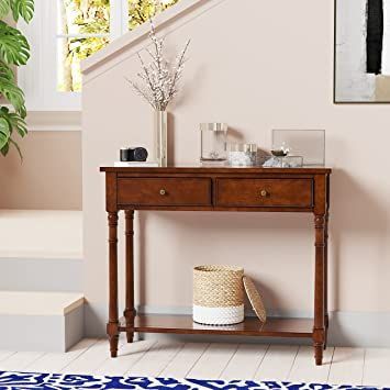 Knocbel 35in Narrow Sofa Console Table with 2 Storage Drawers and Bottom Open Shelf, Entryway Hallway Foyer Table (Cherry) Narrow Console Table Entryway, Sofa Table With Drawers, Sofa Table With Storage, Rustic Hallway, Solid Wood Sofa, Console Table Entryway, Wood Sofa Table, Console Table With Drawers, Entrance Table