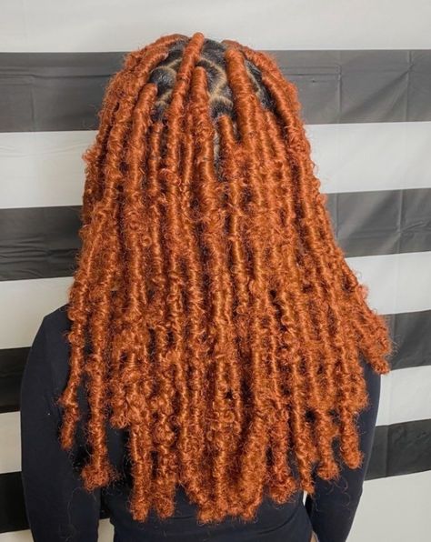 color 350 distressed faux locs (diva locs @cydneyonthebeat) #haircut #hairstyles #hair Orange Butterfly Locs Black Women, Orange Butterfly Locs, Long Faux Locs With Color, Orange Faux Locs, Ginger Faux Locs Black Women, Ginger Butterfly Locs, Red Faux Locs, Faux Locs Colored, Orange Hair Color Ideas