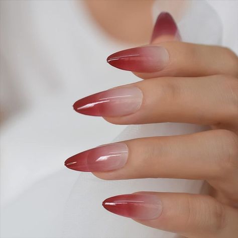 ELEVENAIL Medium Length Almond Press on False Nails Red Gradient French Fake Nails Salon Manicure Reusable Nails Art Tips DIY at home Kiss Press On Nails, Red Ombre Nails, Nails Gradient, Nail White, Pink French Nails, Pink Chrome Nails, Long Press On Nails, Fantasy Nails, French Nail Art