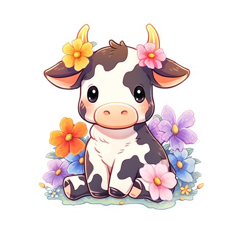 Cute Kawaii Little Cow Sitting in Summer Flowers Sticker Cute Kawaii Animals Drawing, Cow Illustration Cute, Cute Cow Art, Cow Cartoon Images, Cow Sitting, Sweet Cow, Cow Tattoo, Cow Illustration, Cow Drawing