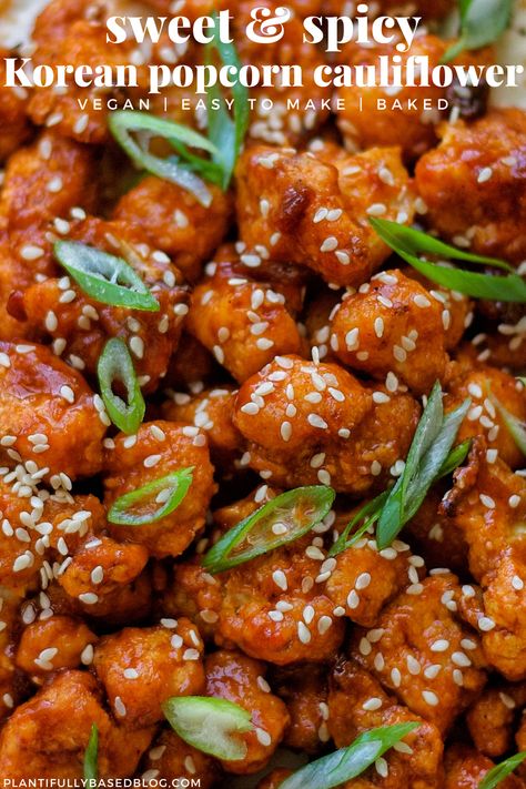 Korean Inspired Popcorn Cauliflower Chinese Food Recipes Vegetarian, Popcorn Cauliflower, General Tso's Cauliflower, Resep Vegan, Spicy Cauliflower, Chinese Food Recipes, Food Recipes Vegetarian, Spicy Korean, Popcorn Chicken