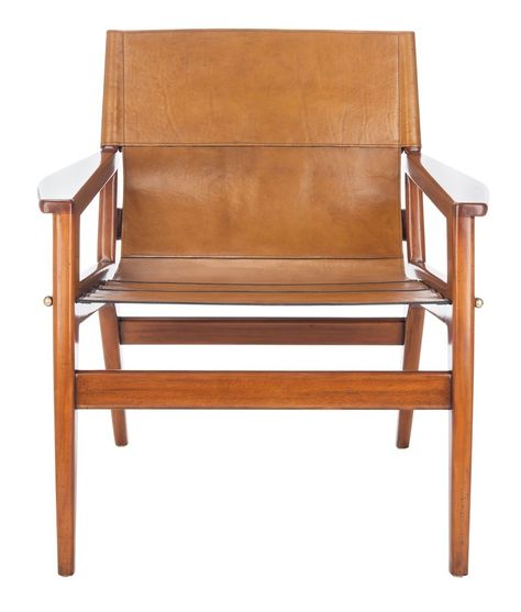 SFV9014B - Safavieh Leather Sling Chair, Clean White Leather, Nursery Chair, Mid Century Armchair, Wood Care, Leather Lounge, Leather Finish, Sling Chair, Mahogany Wood