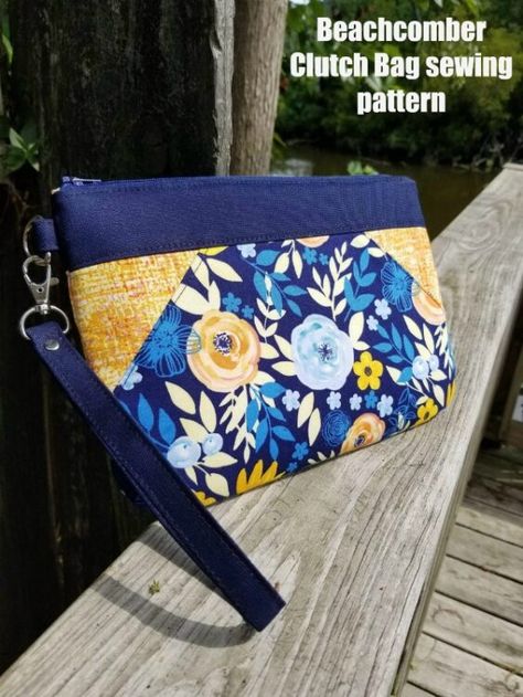 Beachcomber Clutch Bag sewing pattern. The Beachcomber Clutch is a beautifully shaped clutch for date night or for the perfect gift! It features an interior zipper pocket and a wristlet strap and looks fabulous in your favorite feature fabrics. It’s even fat quarter friendly! An easy clutch bag sewing pattern suitable for beginners. #SewModernBags #SewAClutch #ClutchSewingPattern #SewAZipperBag #ZipperBagSewingPattern #SewAWristlet #WristletSewingPattern Crossbody Purse Patterns, Easy Zipper Pouch, Clutch Bag Pattern, Wallet Sewing Pattern, Handbag Sewing Patterns, Snap Bag, Japanese Knot Bag, Bag Sewing Pattern, Pouch Sewing