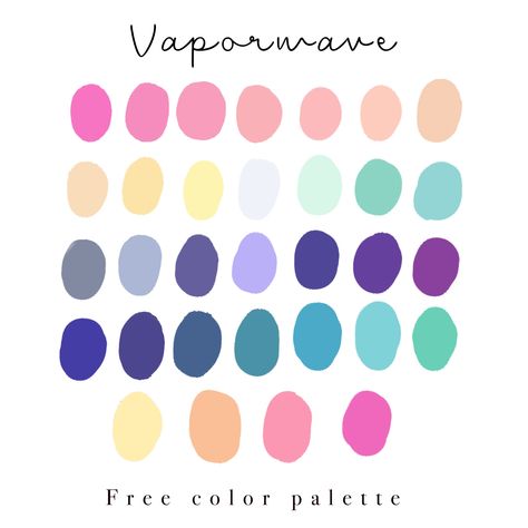 Free color palette based on vaporwave aesthetic Lofi Art Color Palette, Vaporwave Aesthetic Color Palette, Bright Color Interior Design Modern, Kawaii Color Palette Procreate, Vaporwave Colour Palette, Procreate Color Palette Aesthetic, Free Color Palettes, Pantone Color Palette Charts, Vaporwave Palette