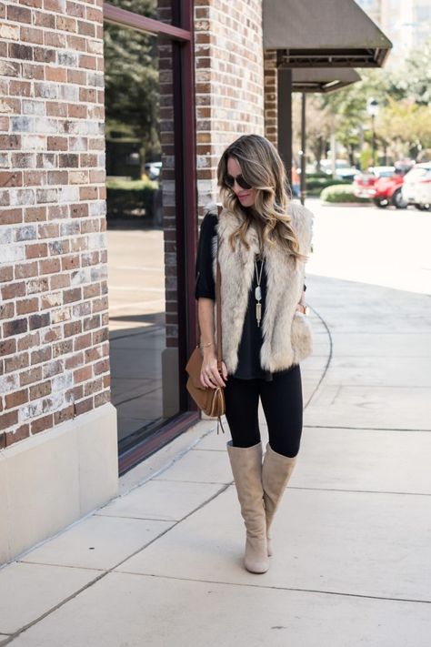 My Favorite Tunic & Faux Fur Vest with Leggings | Honey We're Home Cream Fur Vest Outfit, White Fur Vest Outfit, Fur Vest Outfit Ideas, Instagram Recreate, Fur Vest Outfit, Sweata Weatha, Taupe Outfit, Winter Family Photoshoot, Fur Vest Outfits