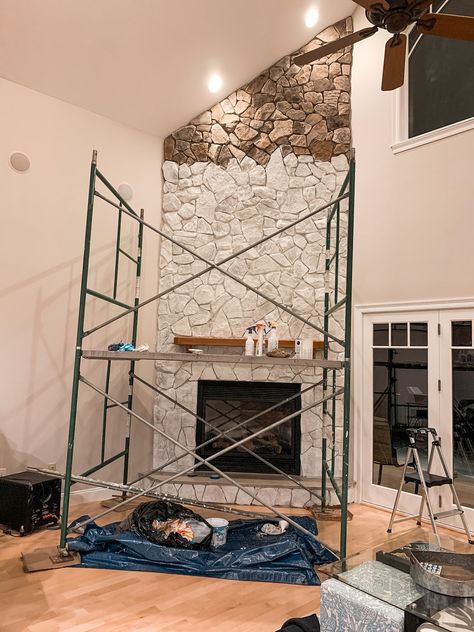 White Wash Fieldstone Fireplace, How To German Smear Stone Fireplace, Stone Wall Painted White, Old Stone Fireplace Ideas, Stone Fireplace Limewash, Stone Wash Fireplace, Limewash Stone Fireplace Before And After, How To Whitewash A Stone Fireplace, White Washed Stone Wall