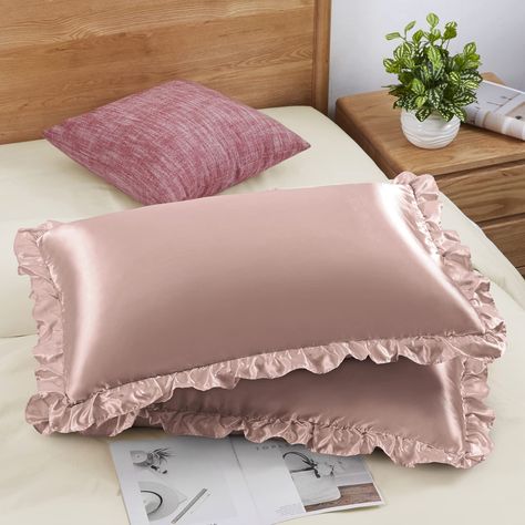 PRICES MAY VARY. Polyester DIMENSIONS: This set includes 2 Satin Standard Size Pillow Shams (20" x 26" + 2" ruffle). They will add a little cuteness to your room. RETRO RUFFLED DECORATION: These pretty bed pillow shams are decorated with a 2-inch flange edge on all four sides, giving them an elegant and romantic look. Silky pillowcases add a shabby chic feel to your bedding. Instantly create a fresh new look in your bedroom with these ruffle pillow shams. Why not give them a try? We believe you Ruffle Pillow Case, Princess Room Decor, Pretty Bedding, Halloween Wallpaper Cute, Ruffle Pillow, Satin Pillow, King Size Pillows, Princess Room, Satin Pillowcase