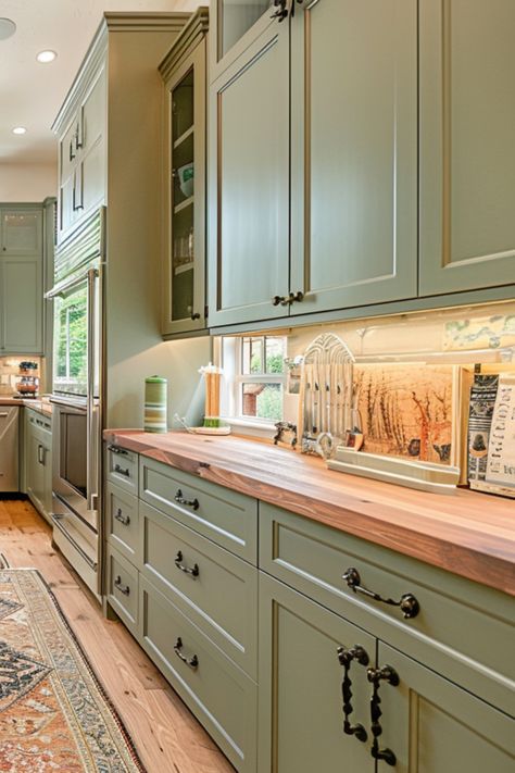 Discover 30 captivating ideas for sage green kitchen cabinets that embody the essence of a modern farmhouse. These cabinets strike a harmonious balance between contemporary allure and rustic charm, infusing your kitchen with a soothing and refined ambiance. Whether you're drawn to a cozy farmhouse atmosphere or a sleek modern design, these inspirational cabinet ideas will ignite your creativity for your next kitchen renovation. Sage Green Cabinets Wood Counter, Sage Green Kitchen Cabinets Terracotta Floor, Green Kitchen Cabinets With Copper Hardware, Sage Kitchen White Cabinets, Old Green Kitchen Cabinets, Sage Green Kitchen Wood Counter, Craftsman Kitchen Painted Cabinets, Sage Green Kitchen Cabinets Rustic, Renovating Kitchen Cabinets