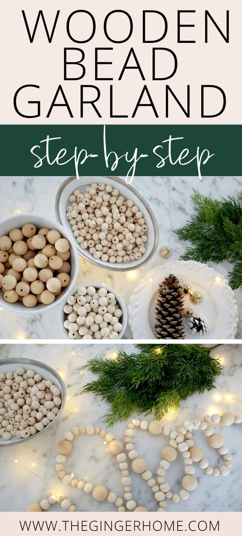 Wooden Bead Garland Diy, Bead Garland Diy, Bead Garland Christmas Tree, Scandinavian Christmas Trees, Natural Christmas Tree, Minimalist Christmas Decor, Hygge Christmas, Diy Christmas Garland, Natural Christmas Decor