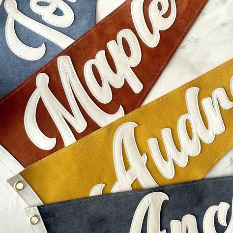 Large Single Word Custom Suede and Leather Pennant Flag Banner Personalized Leather Sign Banner - Etsy Diy Flag Banner, Custom Pennant Flags, College Banner, Create A Flag, Fonts Retro, Custom Pennants, Concrete Light, Pennant Flags, Felt Pennants