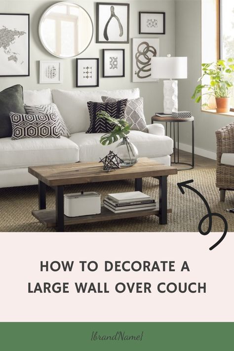 Keep your space captivating with unique decor ideas for that large wall over your couch that will leave everyone wanting more! Accent Wall Behind Couch, Wall Over Couch, Gallery Wall Behind Couch, Couch Against Wall, Over The Sofa Wall Decor Ideas, Long Wall Decorating Ideas, Large Wall Behind Couch Decor, Behind Couch Wall Decor, Wall Behind Couch