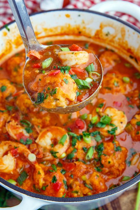 Shrimp Creole Soup with Bacon and Cheddar Dumplings/Delicious. Takes a little bit of time to make but well worth it. Will make again. Creole Soup, Cheddar Dumplings, Seafood Stew Recipes, Soup With Bacon, Closet Cooking, Shrimp Creole, Cajun Dishes, Seafood Stew, Dumplings Recipe