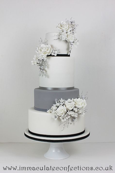 White And Grey Wedding, Grey Wedding Cake, Gray Wedding Cake, Silver Wedding Cake, Wedding Cakes Elegant, Wedding Cake Roses, Black Wedding Cakes, Floral Wedding Cake, Lace Wedding Cake