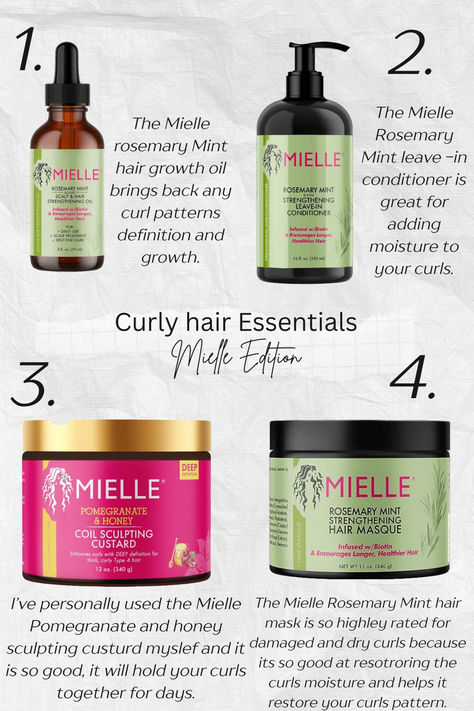 These four products are amazing for growth and repair and I highly recomend the Mielle Pomegramate and honey coil sculpting custurd it is definitaly the best product out of the Mielle Essentials! All of these products links can be found on the image! 4b Hair Products For Growth, Curly Hair Growth Products, Mielle Hair Products, Curly Hair Essentials, Coily Hair Care, Edges Ideas, Natural Hair Journey Tips, Curly Hair Advice, Hair Journey Tips