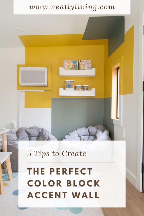 Colour Block Around Window, Color Block Painting Walls Living Room, Paint Blocks On Wall, Asymmetrical Accent Wall Paint, Painting Feature Wall Ideas, Asymmetrical Painted Wall, Bedroom Color Blocking, Colour Block Wall Painting Ideas, Two Thirds Painted Wall