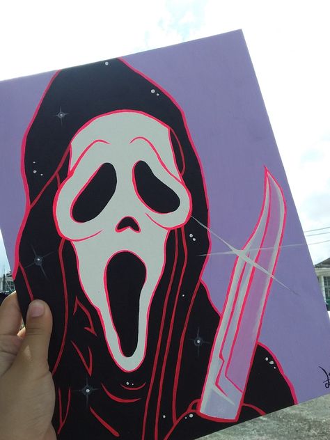 Trippy Ghost Face Painting, Trippy Horror Painting, Ghost Face Acrylic Painting, Scary Movie Canvas Painting, Painting Ideas On Canvas Ghost Face, Ghostface Painting Cute, Scream Painting Ideas Easy, Vampire Painting Easy, Ghostface Painting Easy