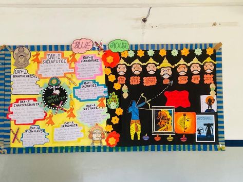 Decoration foe school competition Dussehra Bulletin Board Ideas, Decoration Ideas For Navratri, Diwali Chart, Dussehra Decoration, Navratri Decoration, Ram Navmi, School Kids Crafts, Board Decoration, Hall Decor