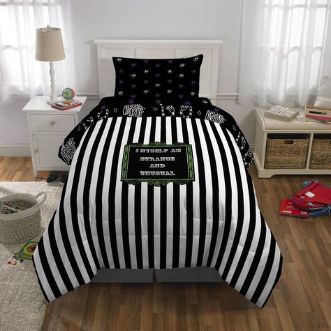 Experience the ultimate in cozy comfort with our Beetlejuice bedding! Let the Beetlejuice magic transport you to a world of fun and spookiness. With this twin bed set, every moment becomes an opportunity for adventure and laughter, where even the ghosts can't resist joining in on the cozy fun. Embrace the whimsy, embrace the weirdness, and make every day a Beetlejuice-worthy escapade! UNDER PENALTY OF LAW THIS TAG NOT TO BE REMOVED EXCEPT BY THE CONSUMER ALL NEW MATERIAL consisting of POLYESTER Pastel Goth Bedding, Beetlejuice Room Ideas, Beetlejuice Halloween Decor, Goth Apartment Decor, Beetlejuice Room, Beetlejuice Home Decor, Beetlejuice Party, Pastel Goth Decor, Black Bed Set