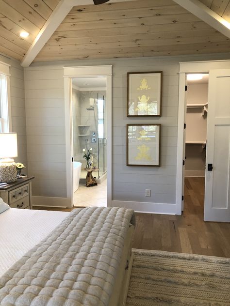 Vaulted Ceiling Bedroom Small, Bedroom With Shiplap Ceiling, Cedar Walls Interior Bedroom, Add On Bedroom To House, Wood Ceiling In Bedroom, Master Bed And Bath Ideas, Peak Ceiling Bedroom, Bedroom Additions To House Ideas Ranch, Pine Board Ceiling