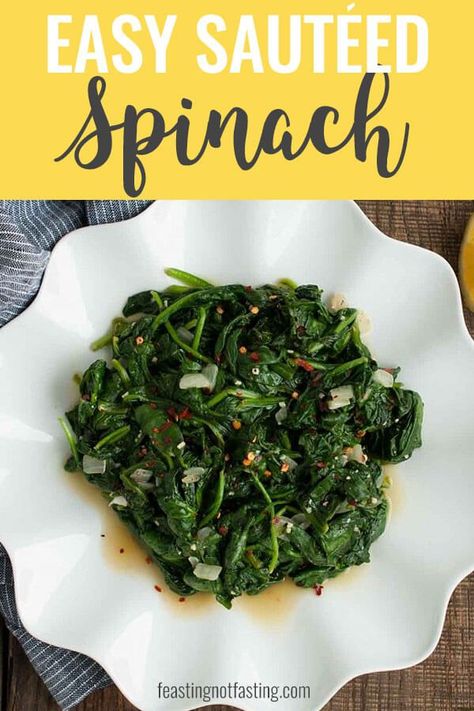 Who knew spinach could taste so good? This quick and easy sauteed spinach recipe is a delicious low calorie side to any main dish & is ready in 15 minutes! #spinachrecipe #sidedish Spinach Recipes Sauteed, Fresh Spinach Recipes, Low Calorie Sides, Spinach Side, Spinach Side Dish, Spinach Recipes Healthy, Seared Chicken, Spinach Recipe, Chicken Spinach