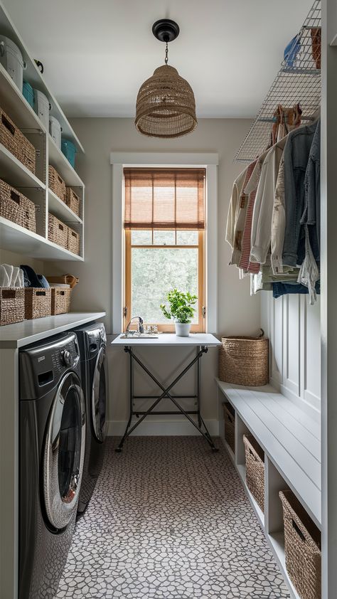 Maximize efficiency in compact laundry rooms with clever hacks. There is an open Fold-down table, a wall-mounted drying rack, benches with storage underneath, narrow rolling units alongside the washer or dryer. Storage bins or baskets that slide on top of the washer and dryer Shelving units that can be placed next to the machines Hanging organizers that can be attached to the wall or the side of the machines Laundry Room Ideas With Drying Rack, Laundry Room Storage Ideas Shelves, Laundry Room Raised Washer And Dryer, Narrow Laundry Room Layout, Narrow Laundry Room Ideas, Laundry Room Layout Ideas, Laundry Room Layout, Benches With Storage, Compact Laundry Room