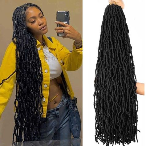 Hair Material : 36 Inch New Goddess Locs Crochet Hair Faux Locs Crochet Braids made with quality Low Temperature Fiber Synthetic Hair Extensions. Package : 4 Pack 36 Inch Super Long Goddess Locs, 12 Strands/Pack, Weight: 105 g/pack, Due to the length and weight of the hair, we recommend customers use 3-4 Packs to make a full hairstyle. Unique Hair Braids, Soft Locs Crochet, Bachelorette Hair, Faux Locs Crochet Braids, Wavy Crochet, Spring Twist Hair, Faux Locs Crochet, Crochet Hairstyles, Soft Locs