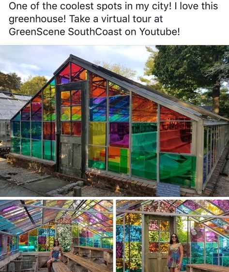 Colored Glass Greenhouse, Stainglass Greenhouse, Rainbow House Exterior, Colourful Greenhouse, Greenhouse Colors, Plexiglass Greenhouse, Greenhouse Hangout, Stained Glass Greenhouse, Greenhouse Classroom