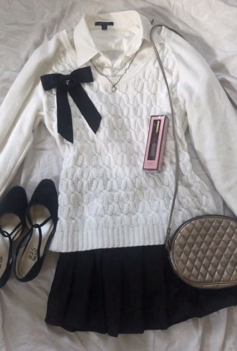 White And Black Winter Outfits, Black And White Girly Outfits, White Shirt Black Skirt Formal, Coquette Black Skirt Outfit, How To Style White Sweater Vest, Cute Outfit Girly, White Sweater Coquette, Simple Coquette Outfit, White Sweater And Black Skirt