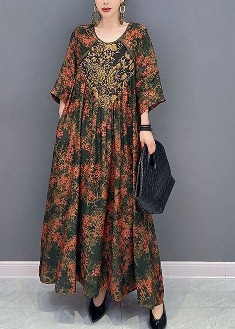 Beautiful Green O Neck Print Patchwork Cotton Maxi Dresses Spring Maxi Dresses Spring, Cotton Maxi Dresses, Chiffon Tops Blouses, Spring Maxi Dress, Dresses Spring, Autumn Dress, Spring Fabric, Cotton Maxi, Maxi Dress Cotton