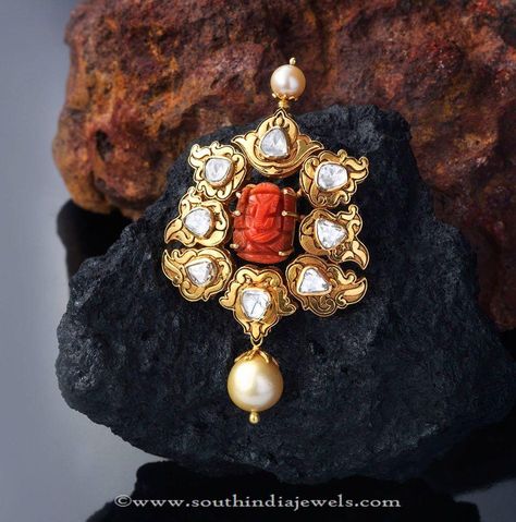 Gold Coral Pendant Designs, Coral Pendant Designs, Indian Coral Pendants. Ganesh Pendant, Coral Jewelry Set, Ganesha Pendant, Designer Diamond Jewellery, Gold Jewelry Simple Necklace, Gold Pendants, Coral Pendant, Gold Pendant Jewelry, Antique Gold Jewelry