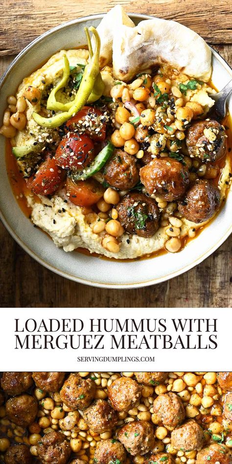 Loaded Hummus Bowl with Meatballs Loaded Hummus, Hummus Bowl, Spicy Meatballs, Pickled Cabbage, Crunchy Salad, Cucumber Tomato Salad, Crispy Chickpeas, Dumpling Recipe, Hummus Recipe