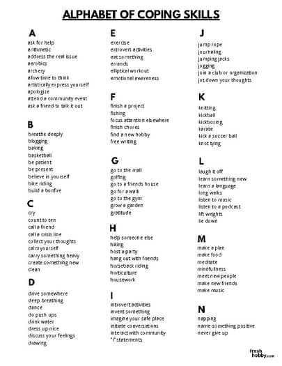 A-Z List of Coping Skills (Activities & Coping Skills for Youth and Adults) 99 Coping Skills List, A To Z Coping Skills, Coping Skills Tool Box For Adults, Coping Skills Activity For Teens, Self Care Activities For Kids, List Of Coping Skills, Coping Skills Activity, Coping Skills Worksheet, Positive Coping Skills