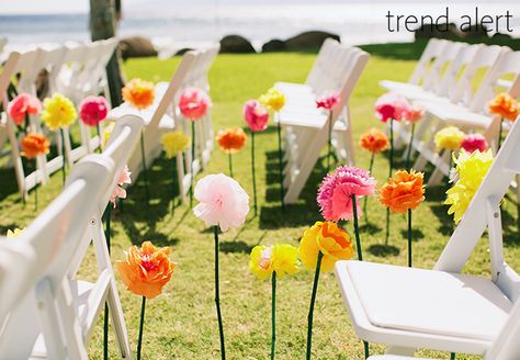 paper flower aisle markers | Anna Kim Photography | Blog.theknot.com Wedding Aisles, Beach Wedding Aisles, Diy Outdoor Weddings, Aisle Markers, Paper Flowers Wedding, Wedding Aisle Decorations, Tissue Paper Flowers, Wedding Set Up, Outdoor Wedding Decorations