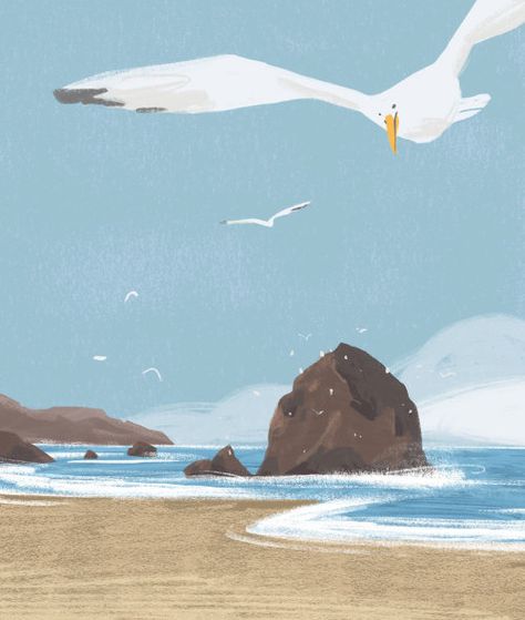 Seagull Illustration, Ocean Illustration, Beach Drawing, Sea Illustration, Cannon Beach Oregon, Beach Illustration, Pottery Painting Designs, Cat Air, Background Drawing