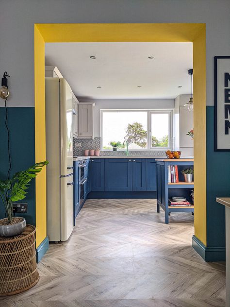 Coastal Kitchen-Diner - Final Reveal Colourful Kitchen Diner Ideas, Colour Pop Decor, Colourful Open Plan Living, Colour Pop Interior Design, Pop Of Colour Kitchen, Colour Pop Kitchen, Colour Pop Living Room, Colourful Dining Room, Dark Oak Furniture