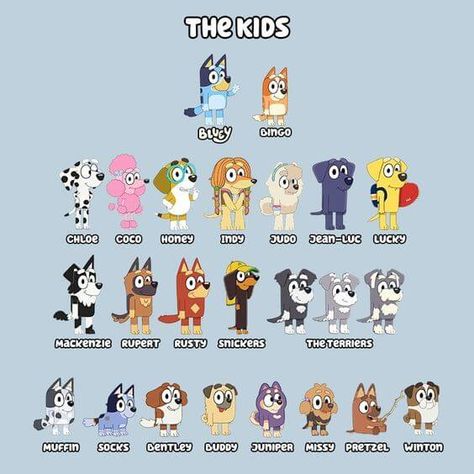 Bluey Characters, Bingo Funny, Wallpaper Disney, Dog Birthday Party, 4th Birthday Parties, Dog Birthday, Character Names, 8th Birthday, Dogs And Cats