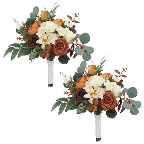 PRICES MAY VARY. This artificial flowers bouquet is the perfect accessory for fall weddings. Its terracotta, cream, burgundy, and grey-green color scheme perfectly complements the autumnal hues that are often seen during this season. Adds a touch of warmth and depth to your fall wedding: With its warm and rich colors, this bouquet adds a touch of warmth and depth to any fall wedding. It's a perfect way to incorporate the natural beauty of the season into your wedding decor. A keepsake to remembe Purple And Rust Bridal Bouquet, Fall Wedding Burnt Orange Budget-bride.shop, Small Bridesmaid Bouquet Terracotta, Rust Burgundy Wedding Flowers, What Flowers Are Popular For A May Wedding, Boho Bridesmaid Ring Bouquet, Rustic Wedding Flowers Bouquet Orange, Dried Flowers Wedding Boquet, October Bride Bouquet