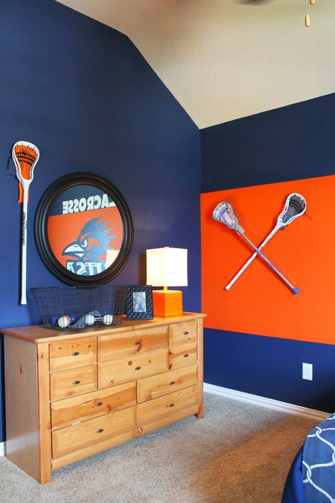 I've gotten some questions lately about boys room, more specifically sports rooms. Iv'e shown you several over the past year, but I haven... Lacrosse Bedroom Ideas, Lacrosse Wallpaper, Lacrosse Bedroom, Sports Rooms, Lacrosse Room Decor, Fishing Bedroom, Lacrosse Room, Football Room Decor, Boys Lacrosse