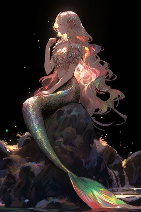 Mermaids On Rocks, Female Mermaid Art, Siren Oc Art Female, Mermaid Oc Girl, Jiaoren Mermaid, Mermaid Queen Art, Siren Fantasy Art, Siren Concept Art, Merfolk Character Design