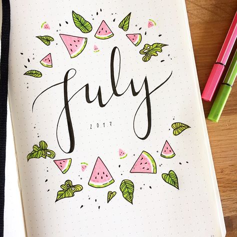 Summer is here and it's time to start thinking about July Bullet Journal themes. And setting up a new journal if your last one is running out of pages! Bullet Journel, Bullet Journal Page, Bullet Journal 2019, Bullet Journal Cover Page, Bullet Journal Weekly Spread, Kraf Diy, Buku Skrap, Dot Journals, Diary Ideas