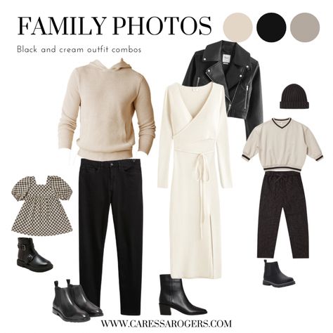 Black And White Outfit Photoshoot Family, Gray And Cream Family Photos, Black And White Clothes Family Photos, Black Cream Family Pictures, Black White And Cream Family Photos, Neutral Outfit Photoshoot, Ivory Family Photo Outfits, Black And White Fall Family Photos, Black And White Outfit Family Pictures