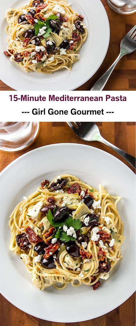 A 15-minute pasta with kalamata olives, sun dried tomatoes, artichoke hearts, and feta cheese | girlgonegourmet.com Pasta With Kalamata Olives, Recipe Printables, Mediterranean Pasta, Olive Recipes, Artichoke Hearts, Sun Dried Tomatoes, Kalamata Olives, Mediterranean Diet Recipes, Dried Tomatoes