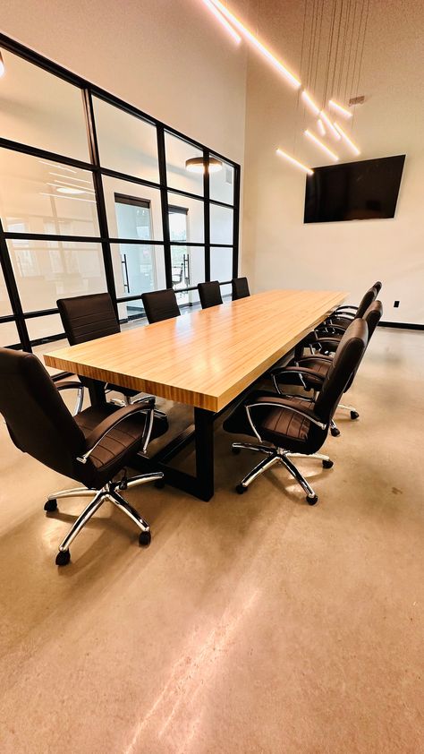 "Modern conference table with a 3\" solid maple wood top and 3X3\" metal frame. If you would like to customize the size or color please contact us. We have a wide variety of wood species and and colors for both the top and the frame." Small Office For Two, Conference Table Design Modern, Office Conference Room Design, Conference Room Table Design, Confrence Table, Conference Room Ideas, Office Board Room, Wood Office Table, Board Room Table