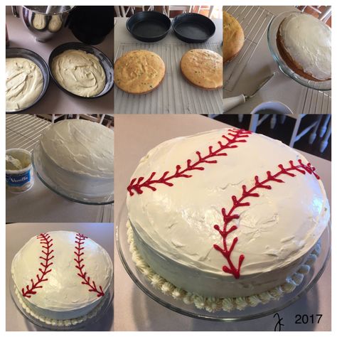 Easy Pillsbury Funfetti Round Baseball Birthday Cake Diy Baseball Birthday Cake, Round Baseball Cake, Simple Baseball Cake, Diy Baseball Cake, Baseball Theme Food, Baseball Cake Ideas, Baseball Theme Cake, Baseball Desserts, Baseball Theme Cakes